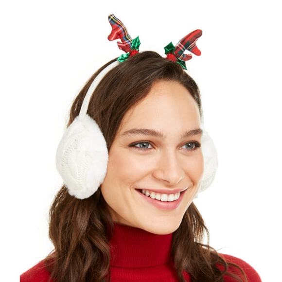 Charter Club Accessories - NWT Charter Club Holiday Lane Ivory Reindeer Plaid Antler Earmuffs